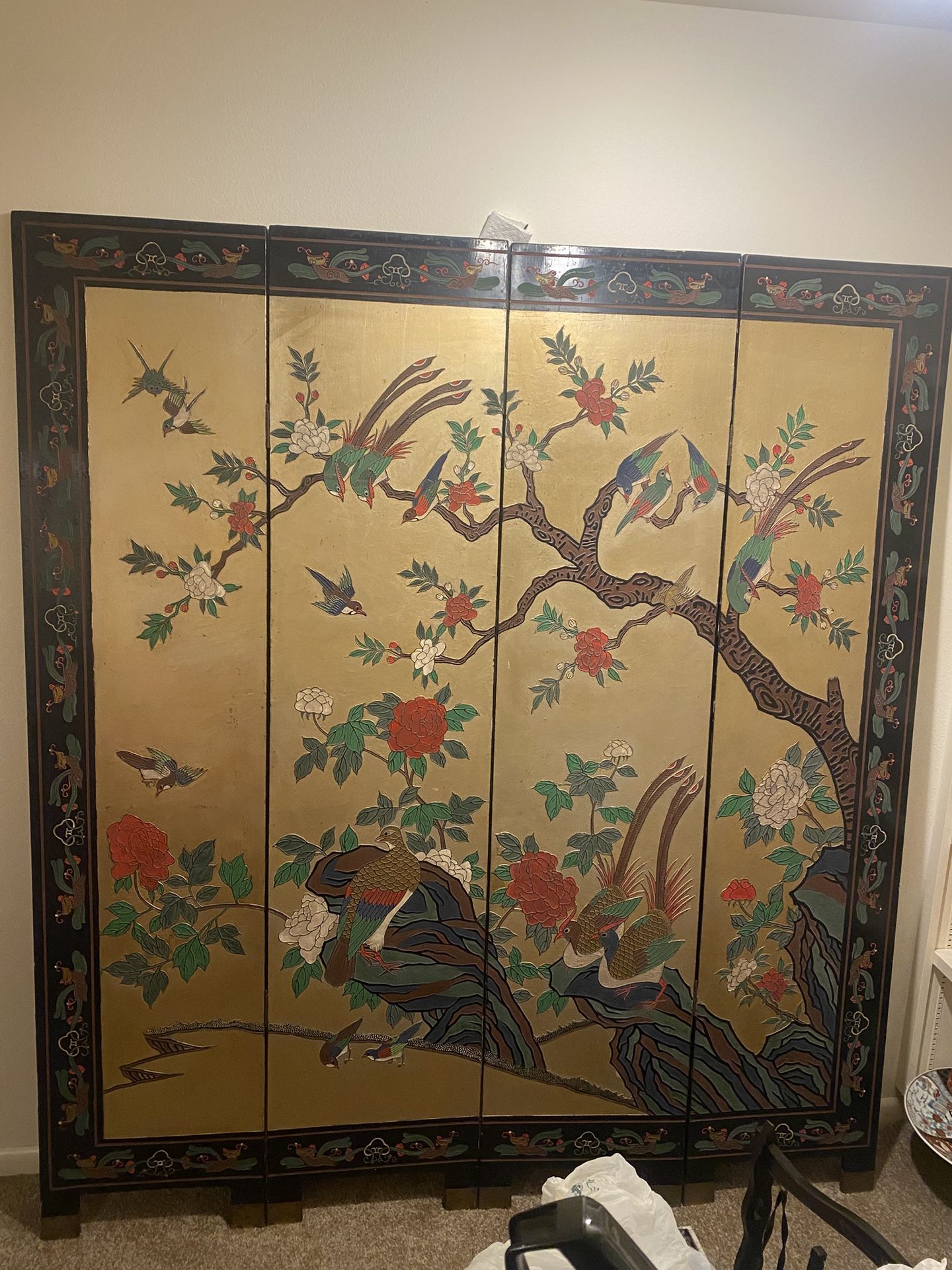 Gold Oriental Four Panel Antique Screen Room Divider . . 6 Ft Tall 5.5 Ft Wide.