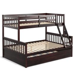 Kids 3 in 1 detachable Twin Over Full Bunk Bed with Twin Trundle Convertible Platform Bed Espresso