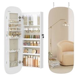 SONGMICS Jewelry Organizer, LED Jewelry Cabinet Wall/Door Mounted, Lockable Rounded Wide Mirror with Storage, Interior Mirror, 3.9 x 16.5 x 42.5 Inche