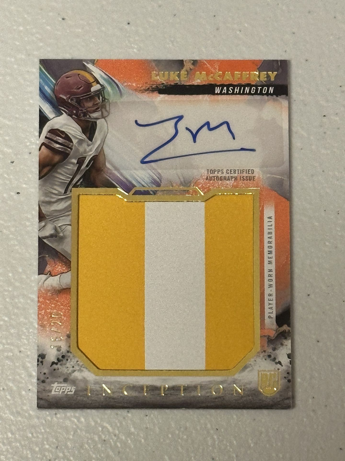 Luke McCaffrey 2024 Topps Inception Rookie Jumbo Relic Auto #RJRA-LMC 16/20