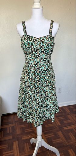 R & K originals petite women’s Y2K ruched back green & brown floral print A-line dress size 10P