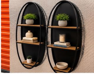 Set of 2 Modern Oval Wall Shelves – Black Metal & Wood – $100