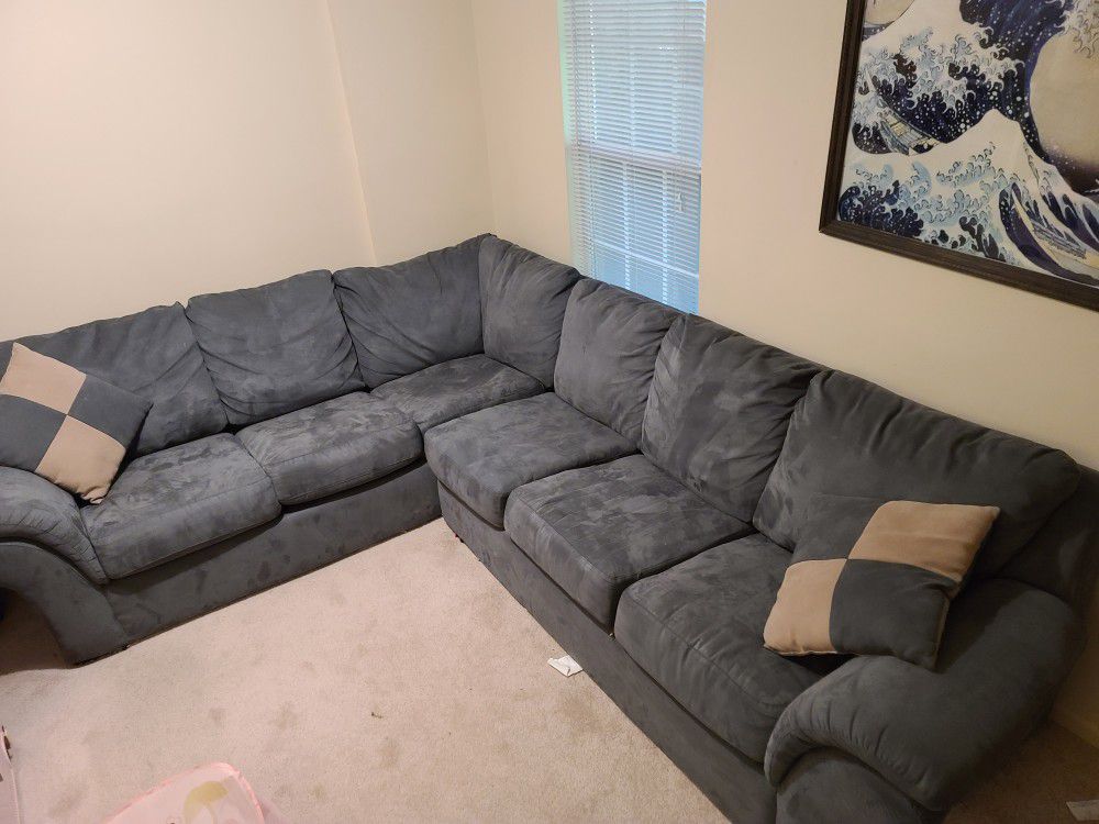 Sofa w/ pillows , grey blue, secional, mico fiber