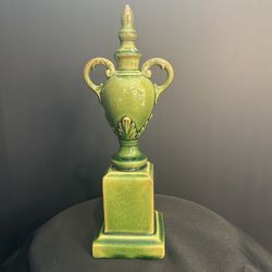 Vintage Green Decorative Pedestal Urn With Finial