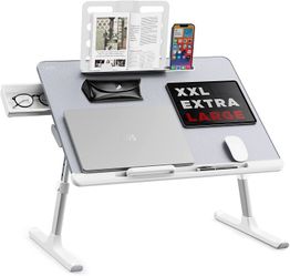 Laptop Bed Tray Desk, SAIJI Adjustable Laptop Stand for Bed, XX-Large PVC Leather Foldable Laptop Table with Wrist Rest, Book Stand (X-Large, Gray)