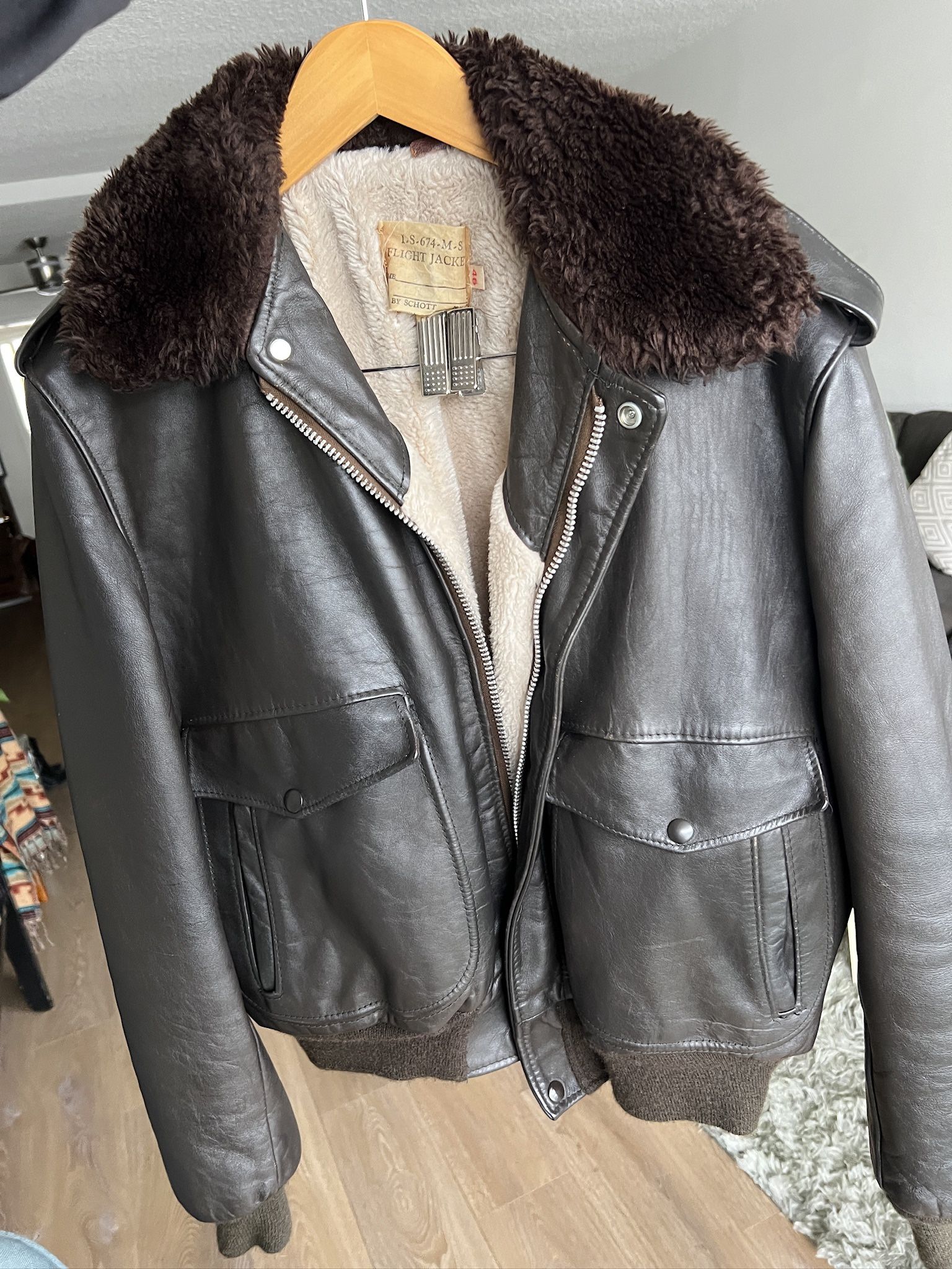Vintage Schott NYC Leather Bomber Flight Jacket IS-674-MS Size 46