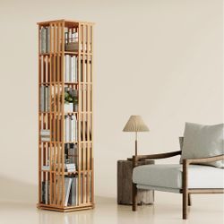 Rotating Bookshelf Tower, 360 Display Spinning Bookcase, Bamboo Bookshelf Floor Standing Storage Rack, Wood Narrow Book Shelf Organizer for Kids&Adult