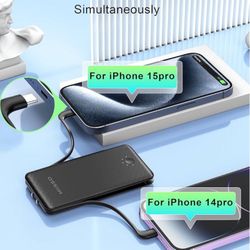 Ultra Slim 10000mAh Power Bank Built-in Cables and Foldable AC Wall Plug, Pocket Size USB C Portable Charger, External Battery Pack Compatible with iP