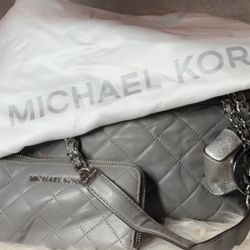 Michael Kors  Quilted Leather Tote and Wallet - Grey