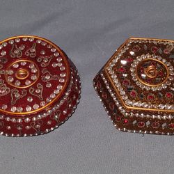 Two Vintage Bohemian Bejeweled Small Trinket Boxes 3x1.5"