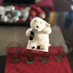 Vintage Coca-Cola Bear With 4 Green Tumblers