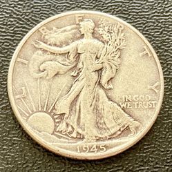 WWII Wartime Era Walking Liberty Half Dollar Coin 90% Silver 1945 