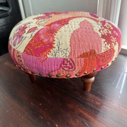 Footstool Quilted From India Small Ottoman Pouf Upholstered 16” Diameter 8” Tall