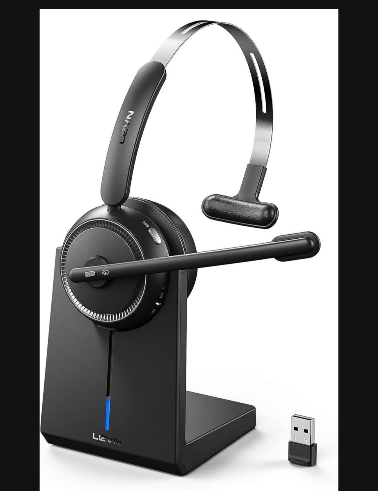 LEVN Wireless Headset with Microphone, Bluetooth Headset with Noise Canceling Mic & Mute Button, 65 Hrs Wireless Headset for Work with Charging Base,