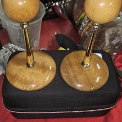 Vintage Oregon Myrtlewood candle holders with brass accents. 