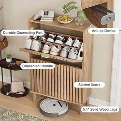 LE07 $75 Shoe Storage Cabinet with Fluted Doors, Freestanding Wooden Shoe Organizer for Entryway, Narrow Shoe Rack Closet for Hallway Bedroom Color N