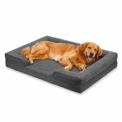 Brand New Inbox - Large Gray Corduroy Orthopedic Dog Bed with Bolster - Memory Foam