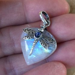 Genuine Rainbow Moonstone &Kaynite 925 Dragonfly Pendant 