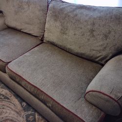 Matching Pair Of Large Ethan Allen Couches Olive Green With Burgandy Piping