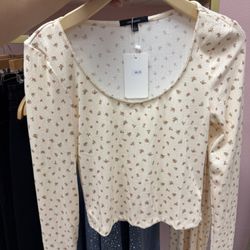 Ivory Ditsy Floral Lace Trim Long Sleeve Top