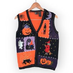 Holiday Editions Vintage Halloween Knit Sweater Vest Witch Cauldron