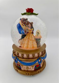 1991 Disney Store Large 10.5" x 8" Beauty & The Beast Snow Globe w/ Music Box