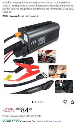 Tire inflator, portable air compressor, 2000A battery jump starter, automatic shut-off, 160 PSI air pump with tire pressure gauge and LED light, vacuu