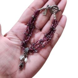 925 India Red Purple Beaded Charm Bracelet Garnet Stone 8"