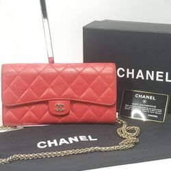Auth CHANEL Lambskin Quilted Large Flap Wallet  in Red