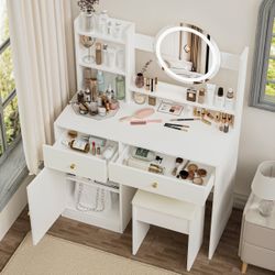 Malmo 35.4“ Modern White Vanity Table Set with Lighted Mirror and Storage Shelves