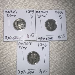Mercury Dimes 90% Silver 1944 D , 1944 S , 1936 P