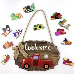 Welcome Sign and Home Decoration. Country red Truck Decoration with 12 Interchangeable Holiday Icons, Suitable for Spring, Easter, Autumn Harvest, Hal