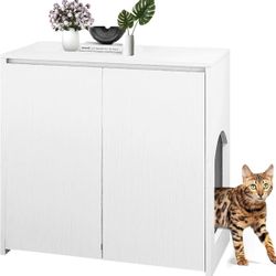Large White Wooden Cat Litter Box Enclosure, Covered, Multi-functional, Ample Storage, Easy Cat Access