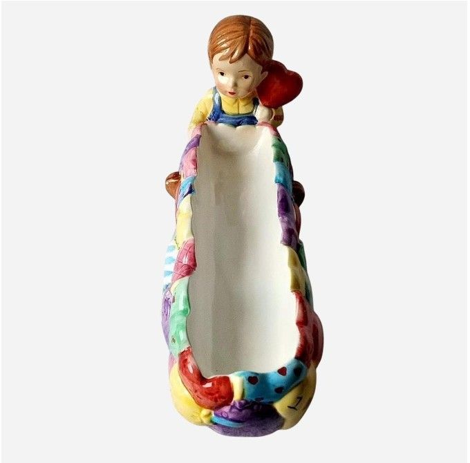 WCL WHIMSICAL COOKIE TRAY / CANDY DISH of A CUTE LITTLE BOY with PUFFY COLORFUL HEARTS Glazed Ceramic (11" Long x 5" High x 4.25" Wide)