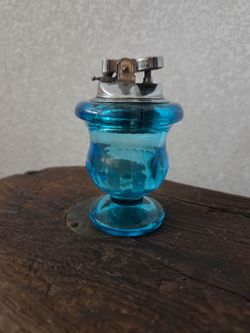 Blue table lighter Indiana Glass Tiara mcm vintage Tobacciana blue aqua turquoise