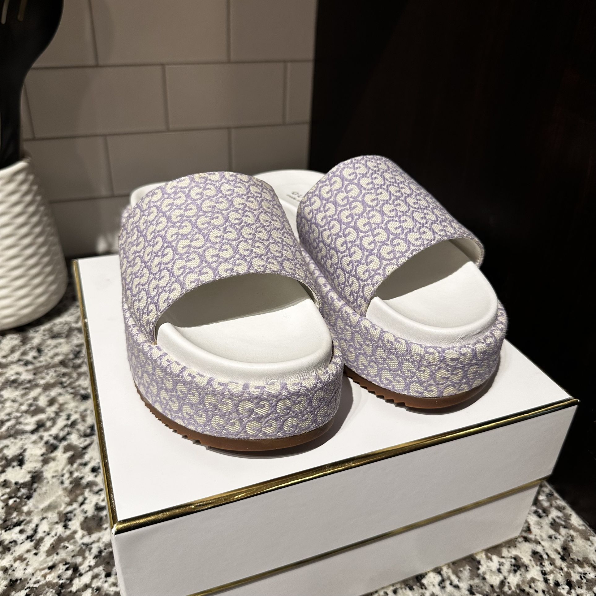 Gucci Monogram Purple Platform Slides