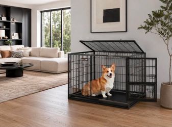 Dog Crate with Feeding Door, Double Doors Escape-Proof Metal Kennel, Removable Tray,  pet crate M-8