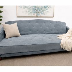 Blue Velvet Couch – Modern Tufted Sofa – Clean & Stylish