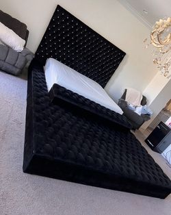 Custom-Made Luxury Black Velvet Tufted Platform Bed