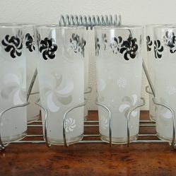 MCM Pinwheel Collins Glasses With Caddy
