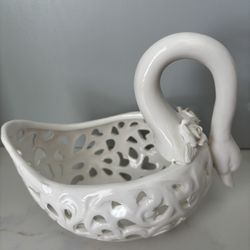 Vintage Porcelain FILIGREE SEE THROUGH SWAN K.F. Votive Candle Holder with roses