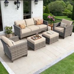 OVIOS 5-Piece Outdoor Wicker Patio Conversation Set - Beige