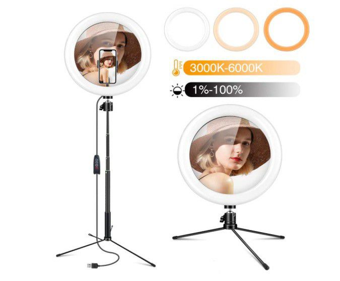 Gugusure 10" Led Ring Light with Tripod Stand & Phone Holder, Dimmable Desk Makeup Ring Light for Live Streaming/Make Up/YouTube Video