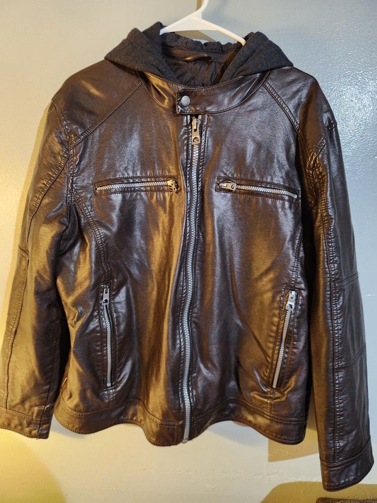 Guess XL Brown Faux Leather Jacket Removable Hood