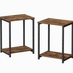 End Tables Set of 2, Side Tables with Storage Shelf, Slim Night Tables, Steel Frame, for Living Room, Study, Bedroom, Industrial, Rustic Brown and Bla