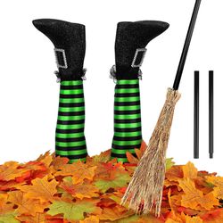 Halloween Witch Legs Yard Stakes 13.4 Inches Upside Down Lighted Green Black