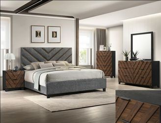 Bedroom set 4 pc Grey Upholstery fabric, Brown and Black wood finish, New Especial price