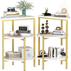 Marble Side Table Set of 2, 3-Tier Small Round End Table with Metal Frame, Bedside Corner Table for Living Room & Bedroom