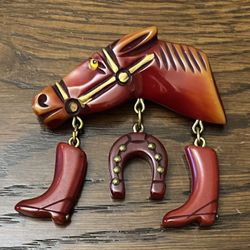 Vintage Bakelite Animal  Brooch Horse Head With Cowboy Boots And Horse Shoe