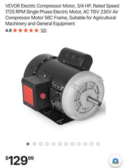  Electric Compressor Motor, 3/4 HP, Rated Speed 1725 RPM 